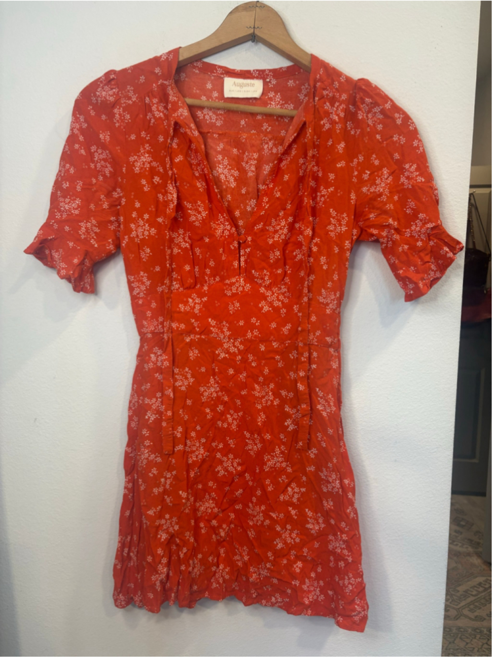 Auguste Floral Mini Dress Puff Sleeve Tie Front Orange AU 6 US 2 Boho